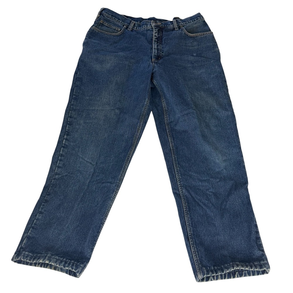 Lands End Square Rigger Flannel Lined Jeans Mens 38x29 Blue Plaid Denim Straight